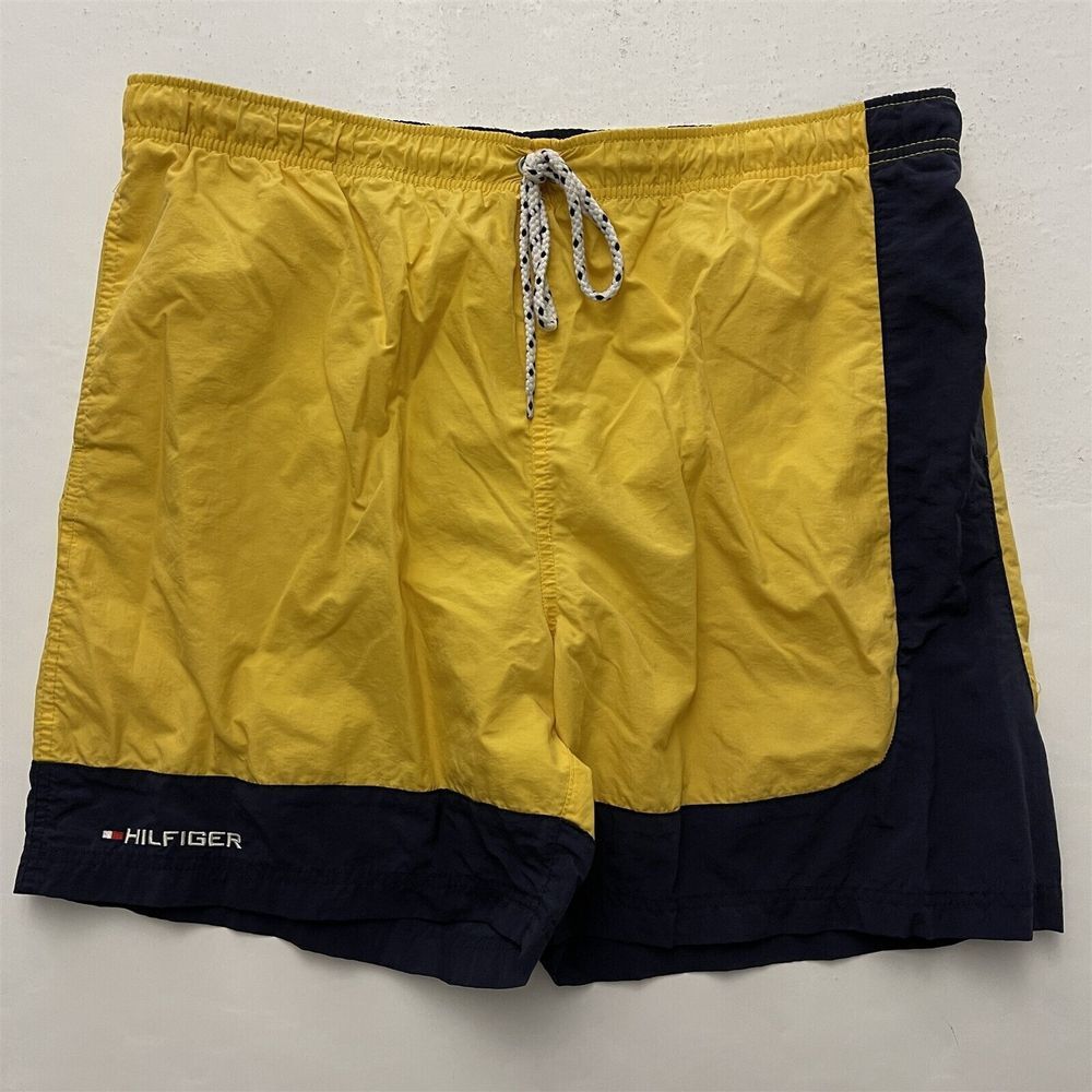 Tommy Hilfiger L 36 x 6" Yellow Blue Stripe Drawstring Stretch Waist Swim Shorts